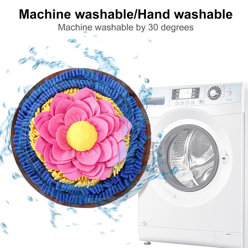 Lotus flower snuffle mat with washing machine indicating machine washable properties