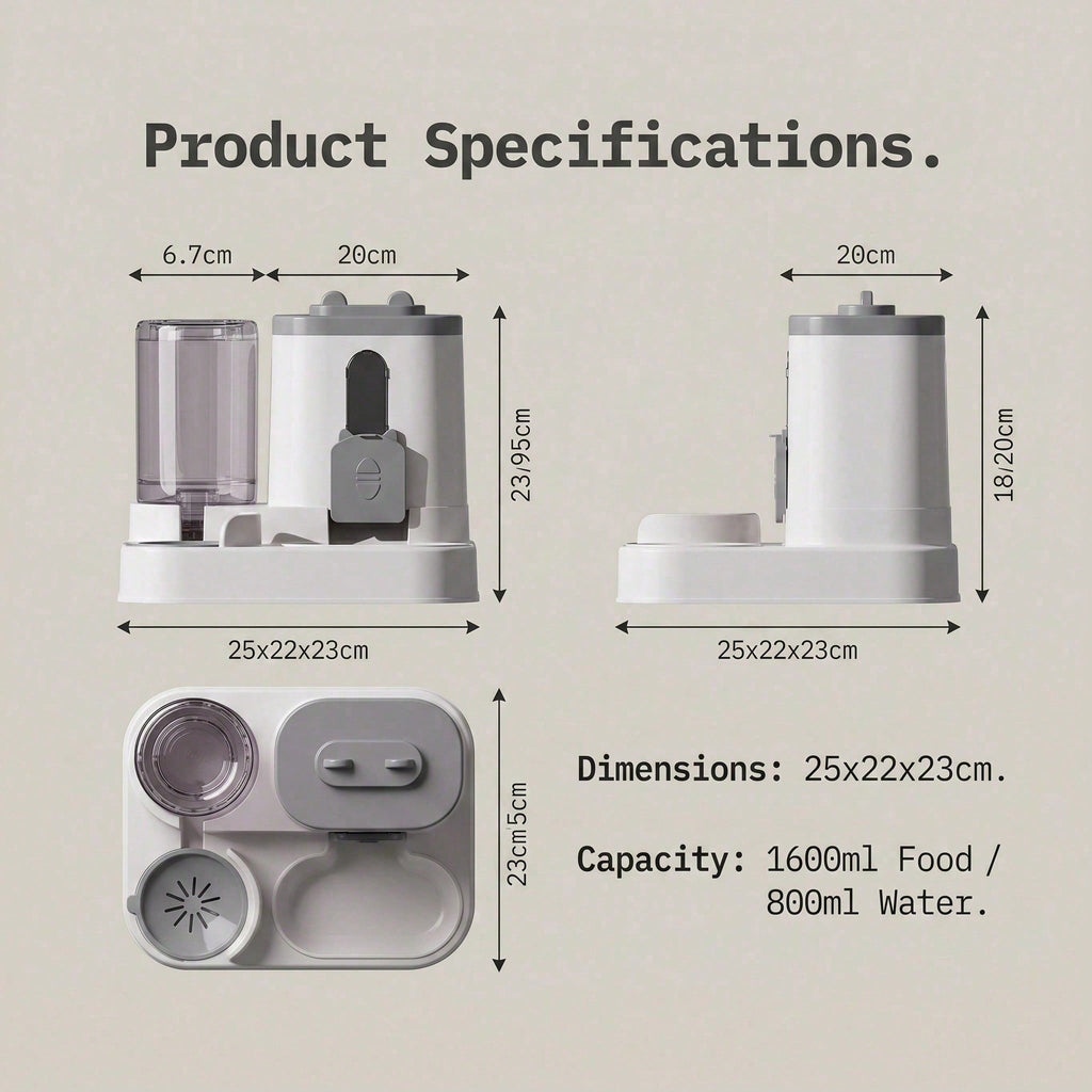 Product specifications of a pet feeder and water dispenser with dimensions and capacity details.