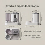 Product specifications of a pet feeder and water dispenser with dimensions and capacity details.