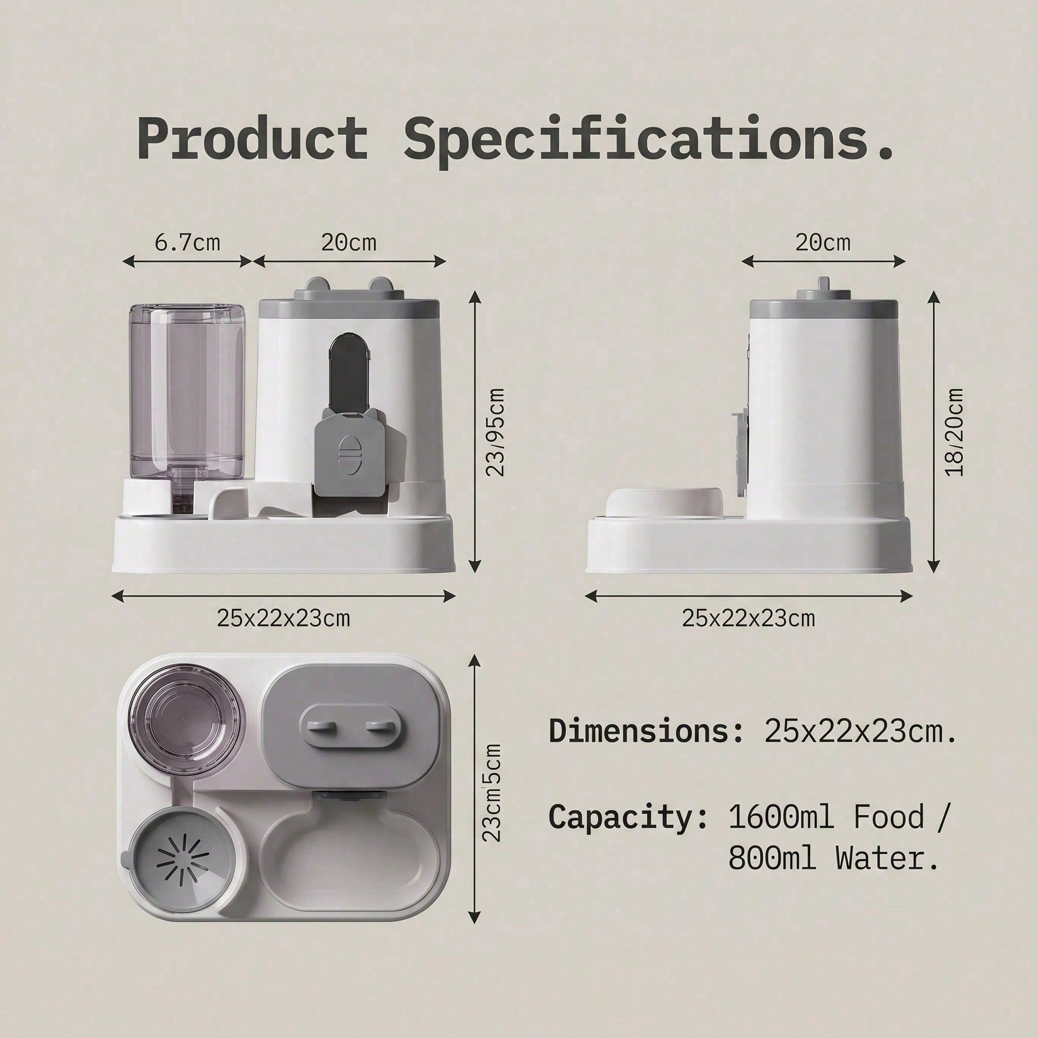Product specifications of a pet feeder and water dispenser with dimensions and capacity details.