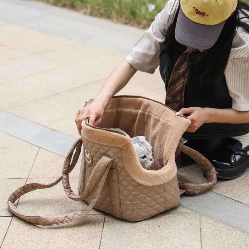 Person holding a quilted pet carrier with a small dog inside on a sidewalk.