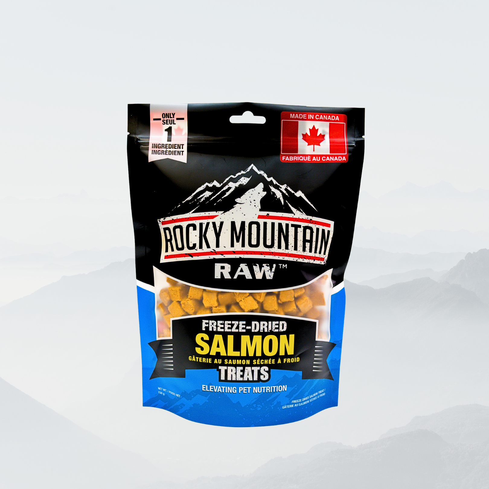 Bag of Rocky Mountain Raw freeze-dried salmon treats on a white background