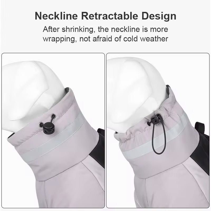 Retractable neck design of a jacket with text on a white background