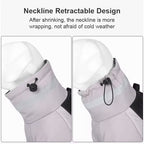 Retractable neck design of a jacket with text on a white background