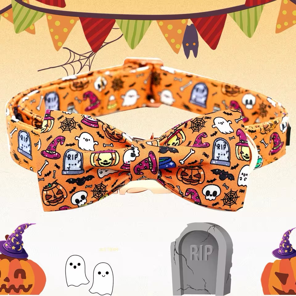 Halloween-themed dog collar with pumpkins, ghosts, and tombstones on an orange background.