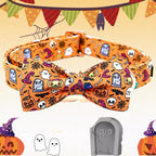 Halloween-themed dog collar with pumpkins, ghosts, and tombstones on an orange background.