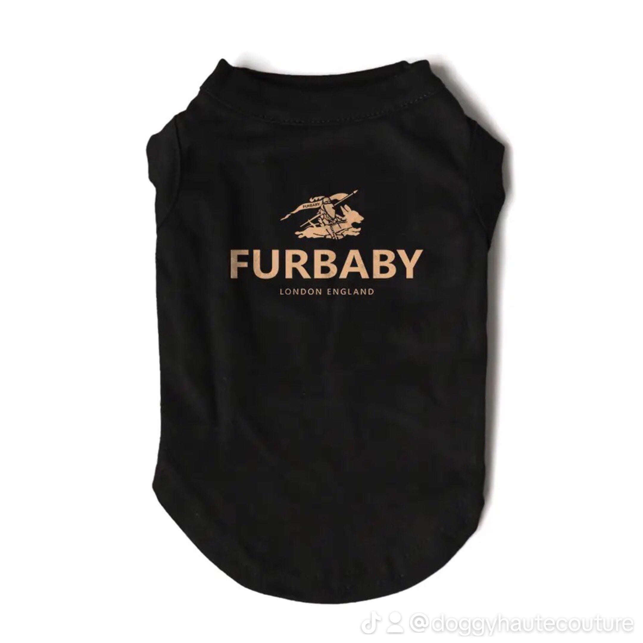 Black pet shirt with 'Furbaby London England' text and logo on a white background