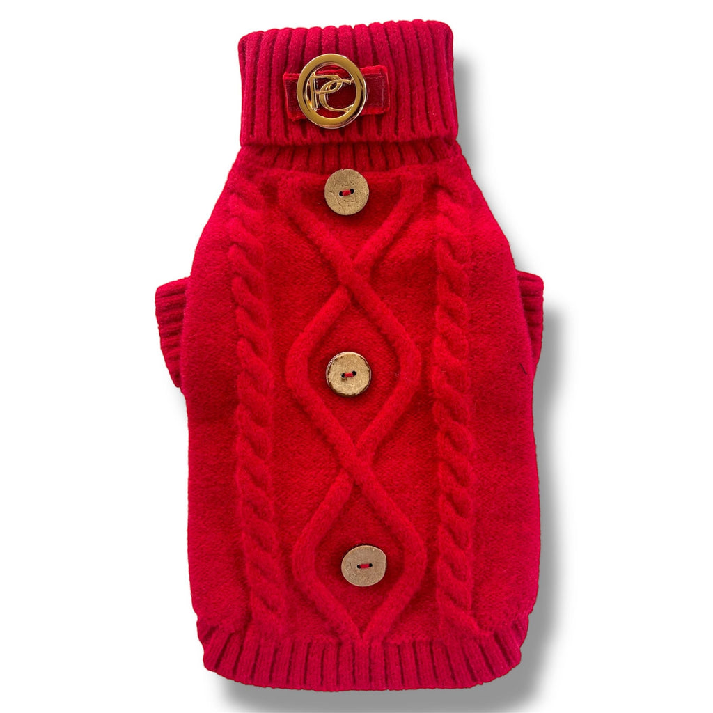Red knitted dog sweater with buttons on a white background