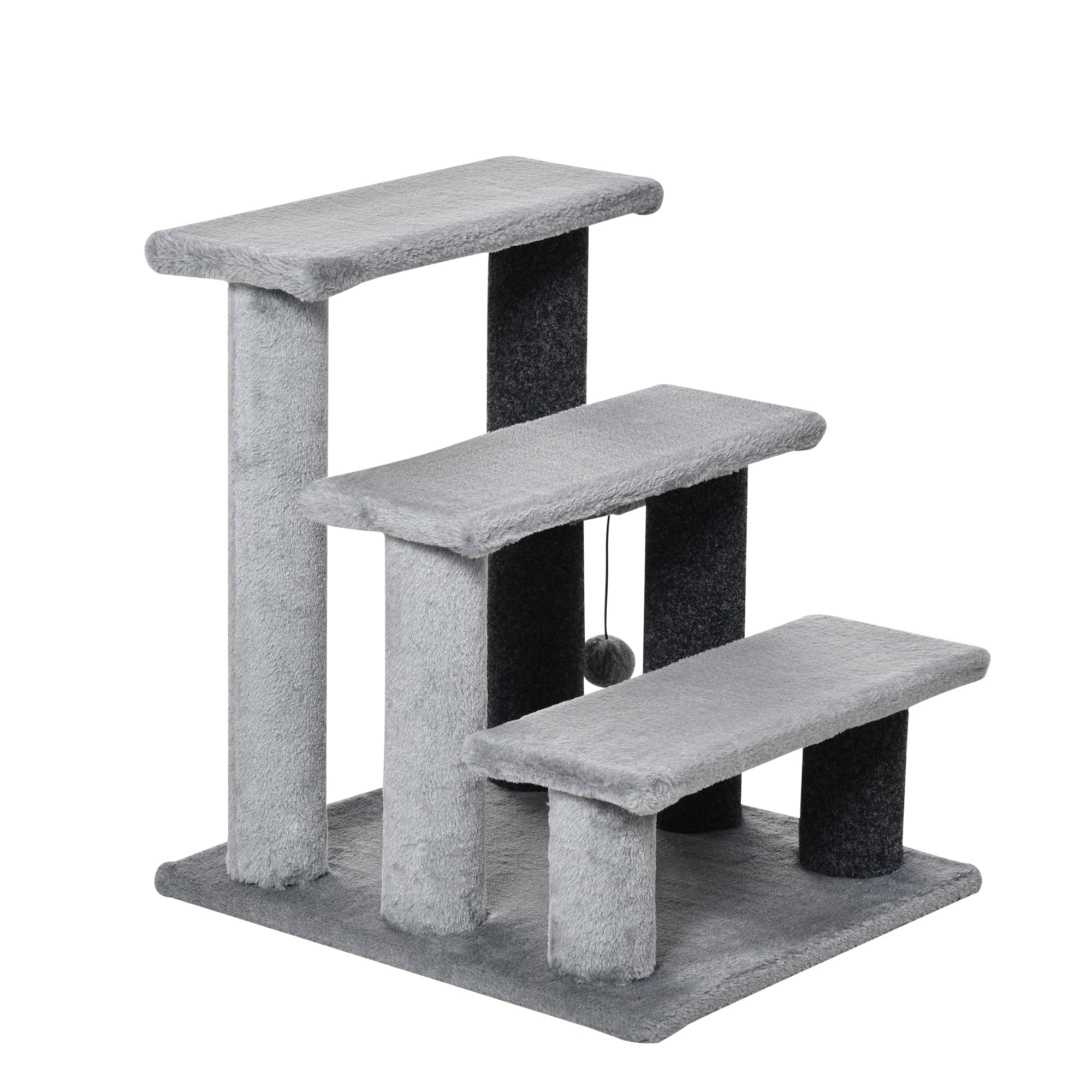 Gray pet stairs with dangling ball on a white background