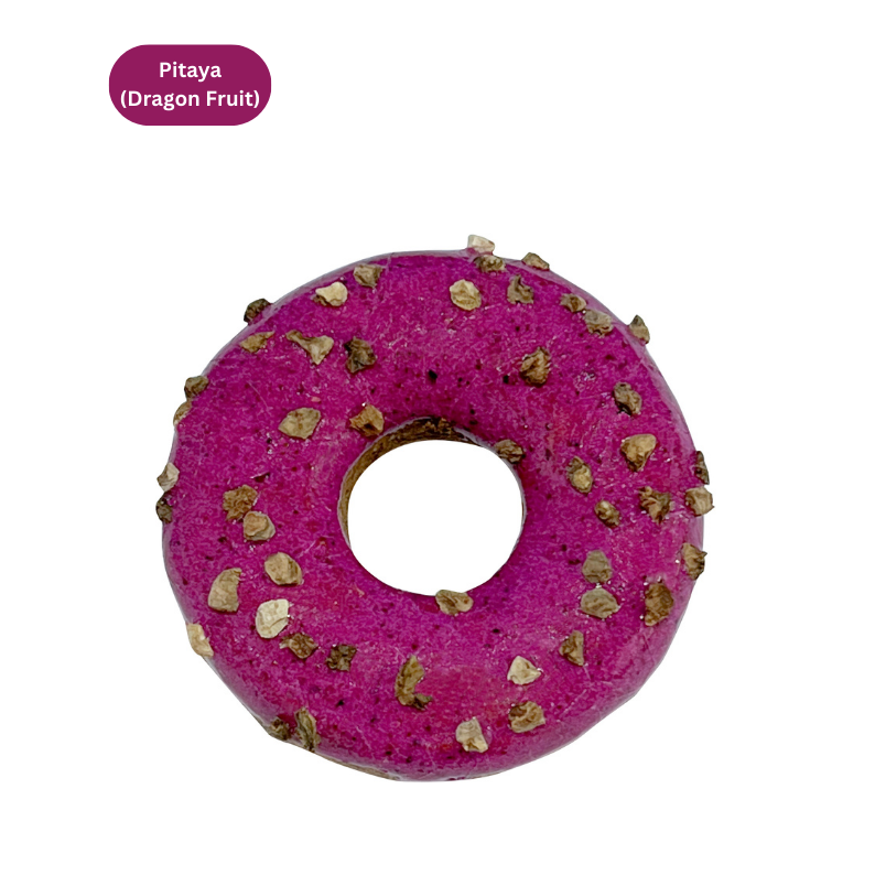 Cat toy shaped as Donut-shaped pitaya (dragon fruit) on a white background with 'Pitaya (Dragon Fruit)