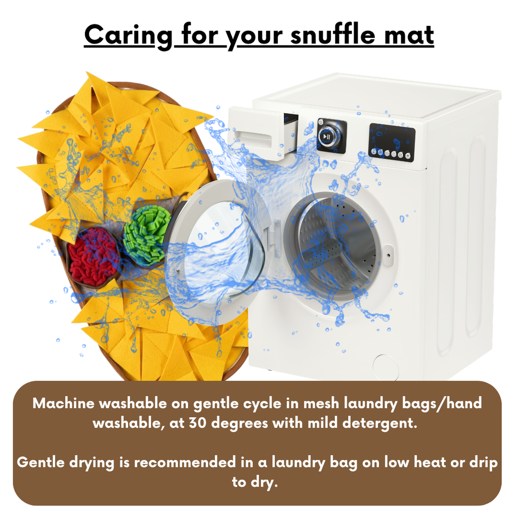 Washing machine with colorful snuffle mat and washing instructions on a white background