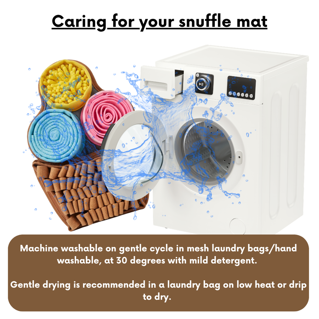 Washing machine with colorful snuffle mats and washing instructions on a white background