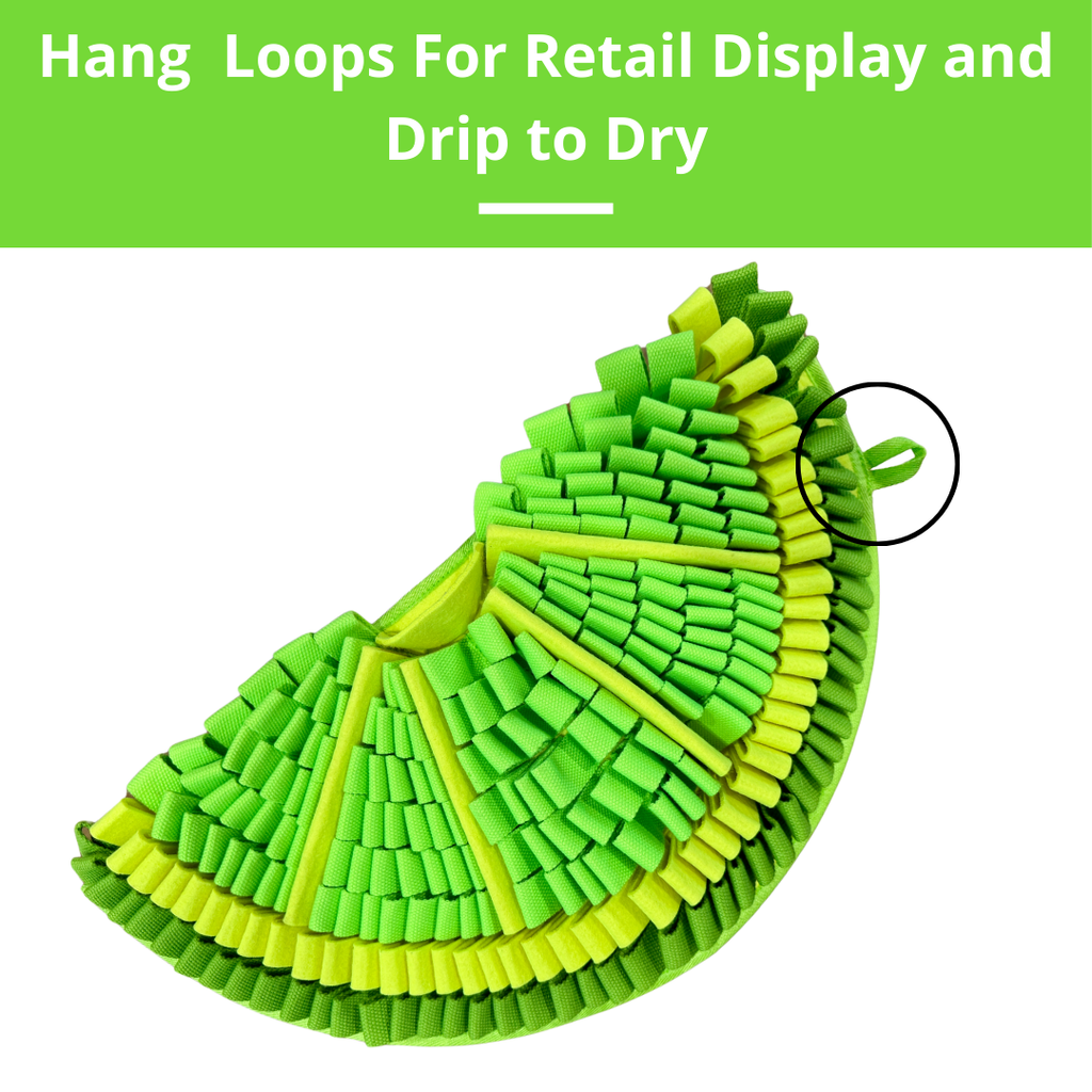 Green and yellow snuffle mat display loops on a white background with text about their use.