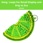 Green and yellow snuffle mat display loops on a white background with text about their use.