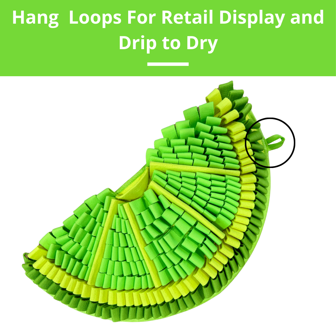Green and yellow snuffle mat display loops on a white background with text about their use.