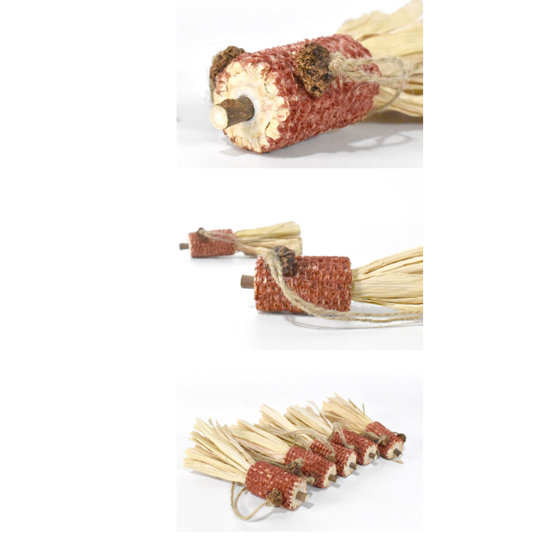 Bunch of dried corn husks with a piece of corn on a white background