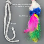 Cat toy with plush mouse and feather attachments on a gray background