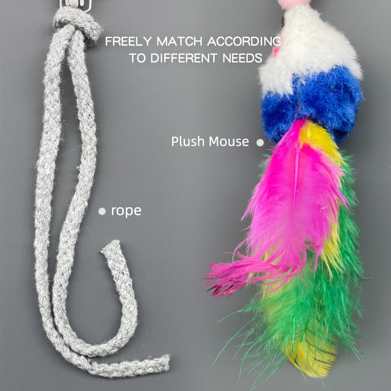 Cat toy with plush mouse and feather attachments on a gray background