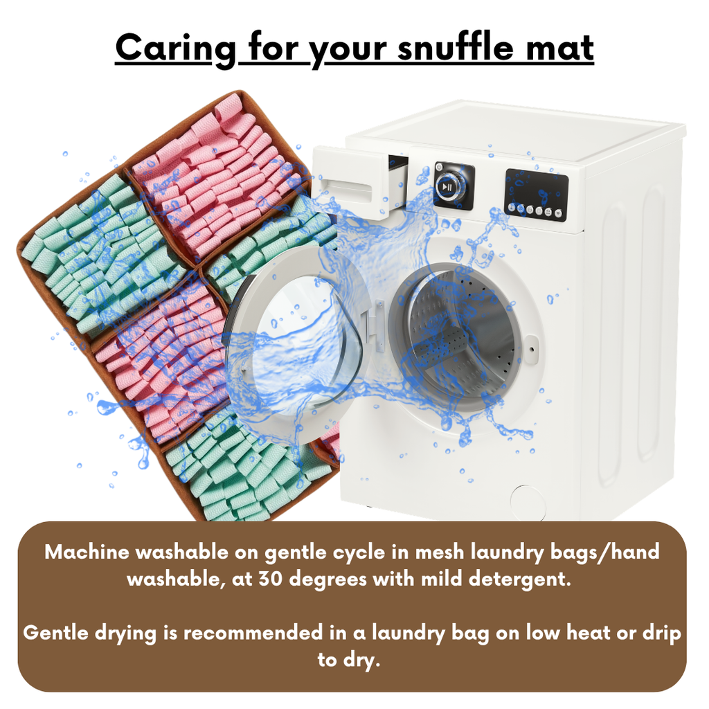 Illustration of a washing machine with a snuffle mat and text on caring for the snuffle mat.