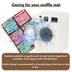 Illustration of a washing machine with a snuffle mat and text on caring for the snuffle mat.