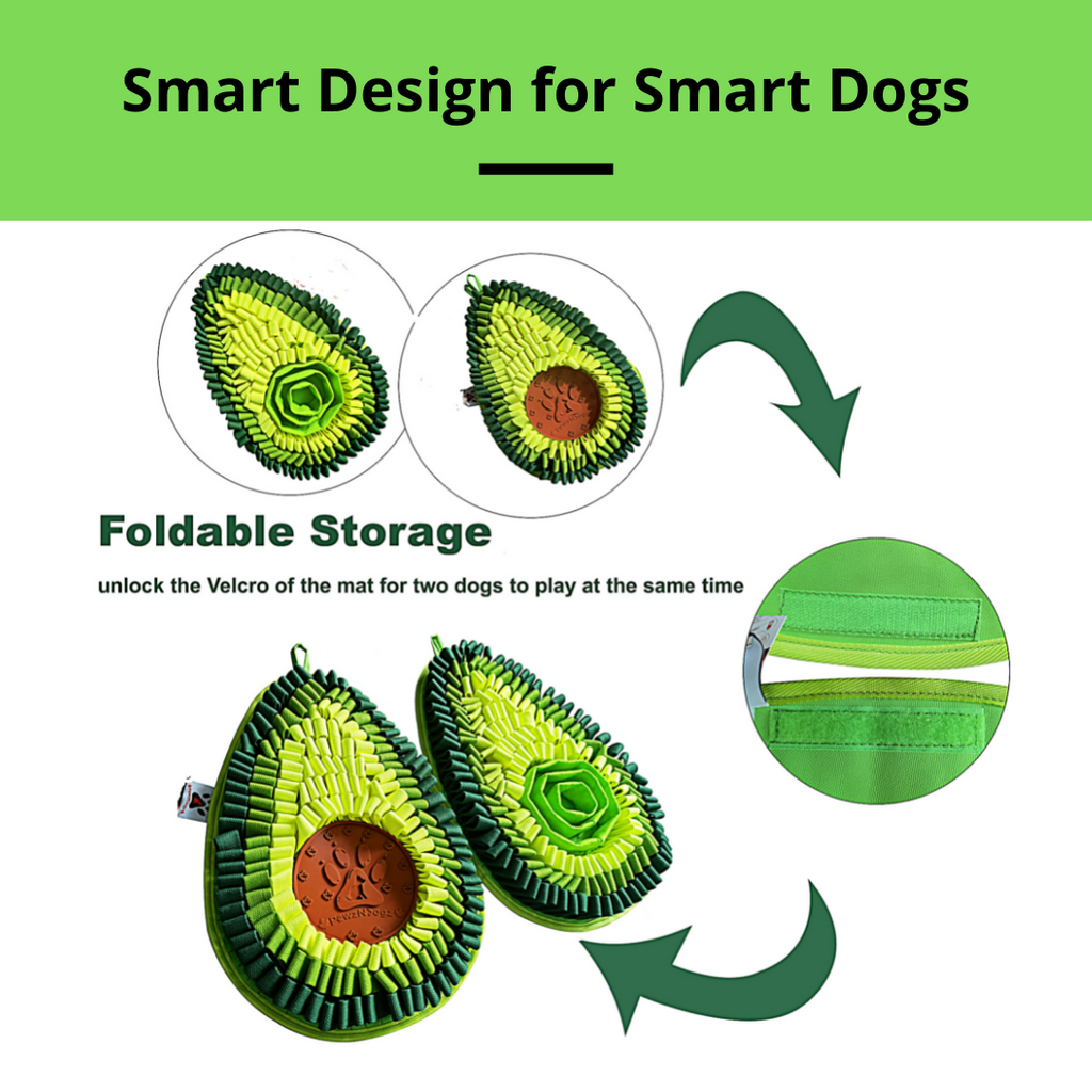 Avocado-shaped dog toy with Velcro design for smart dogs, featuring foldable storage feature.