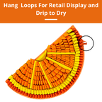 Colorful fabric item with a hang loop for retail display and drip to dry on an orange background.