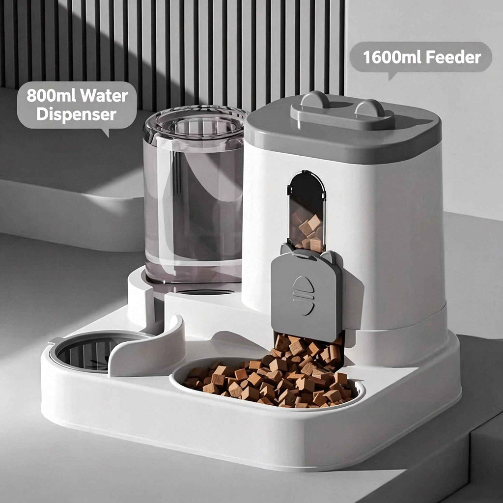 Pet feeder and water dispenser on a light gray background