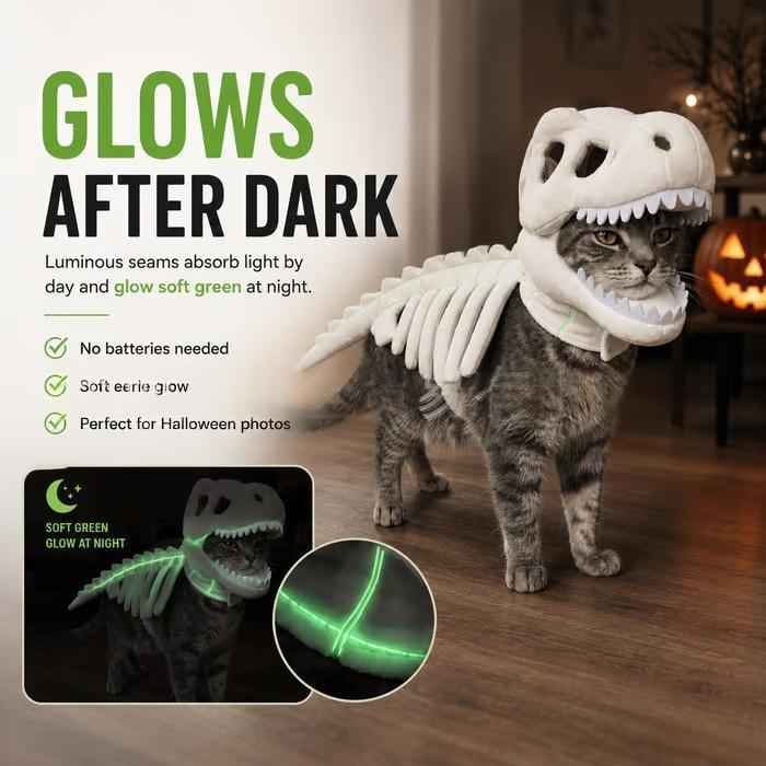 A gray tabby cat wearing a dinosaur skeleton costume stands on a wooden floor in a dimly lit room. Large text reads 'GLOWS AFTER DARK' with feature bullet points, and inset graphics show the costume glowing green in the dark.