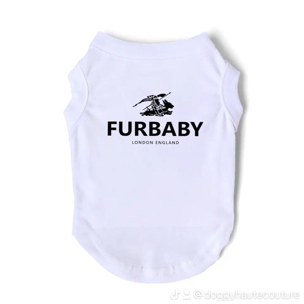 White pet shirt with 'Furbaby London England' text and logo on a white background