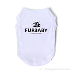 White pet shirt with 'Furbaby London England' text and logo on a white background