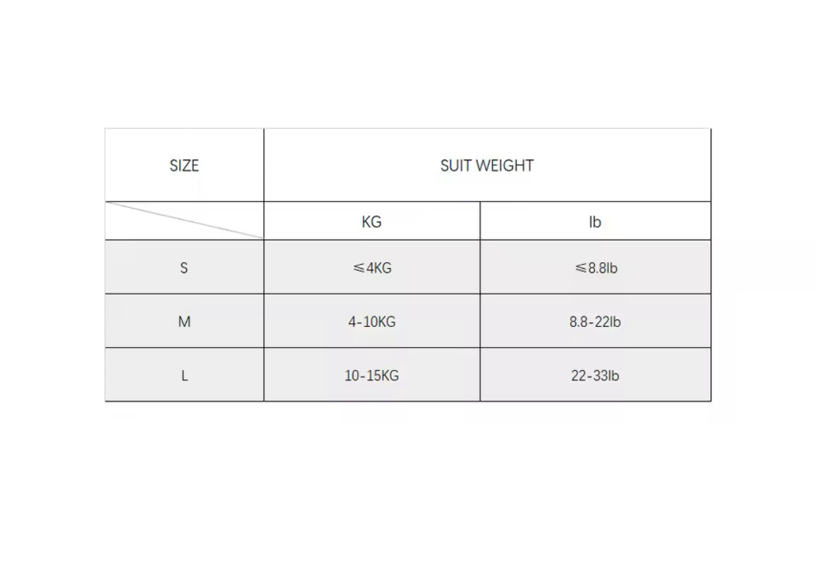Size chart for suits with weight limits in kilograms and pounds