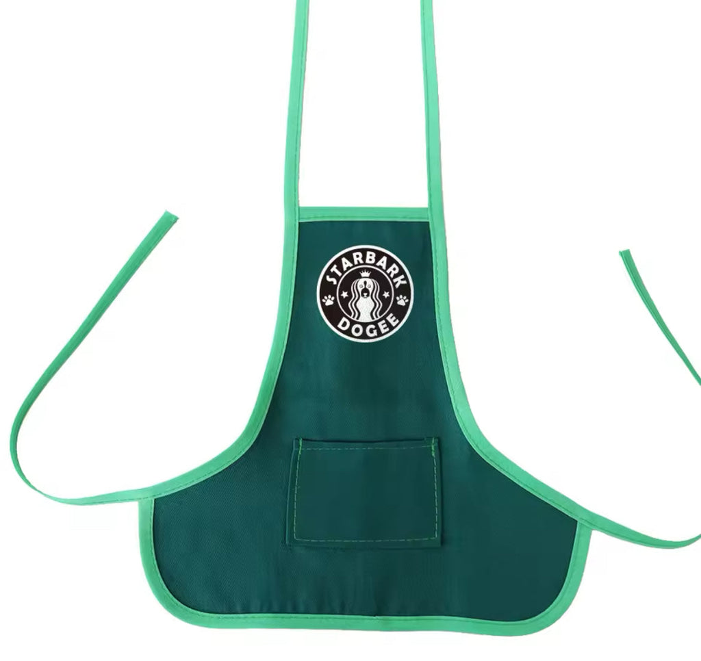 Green apron with a logo on a white background