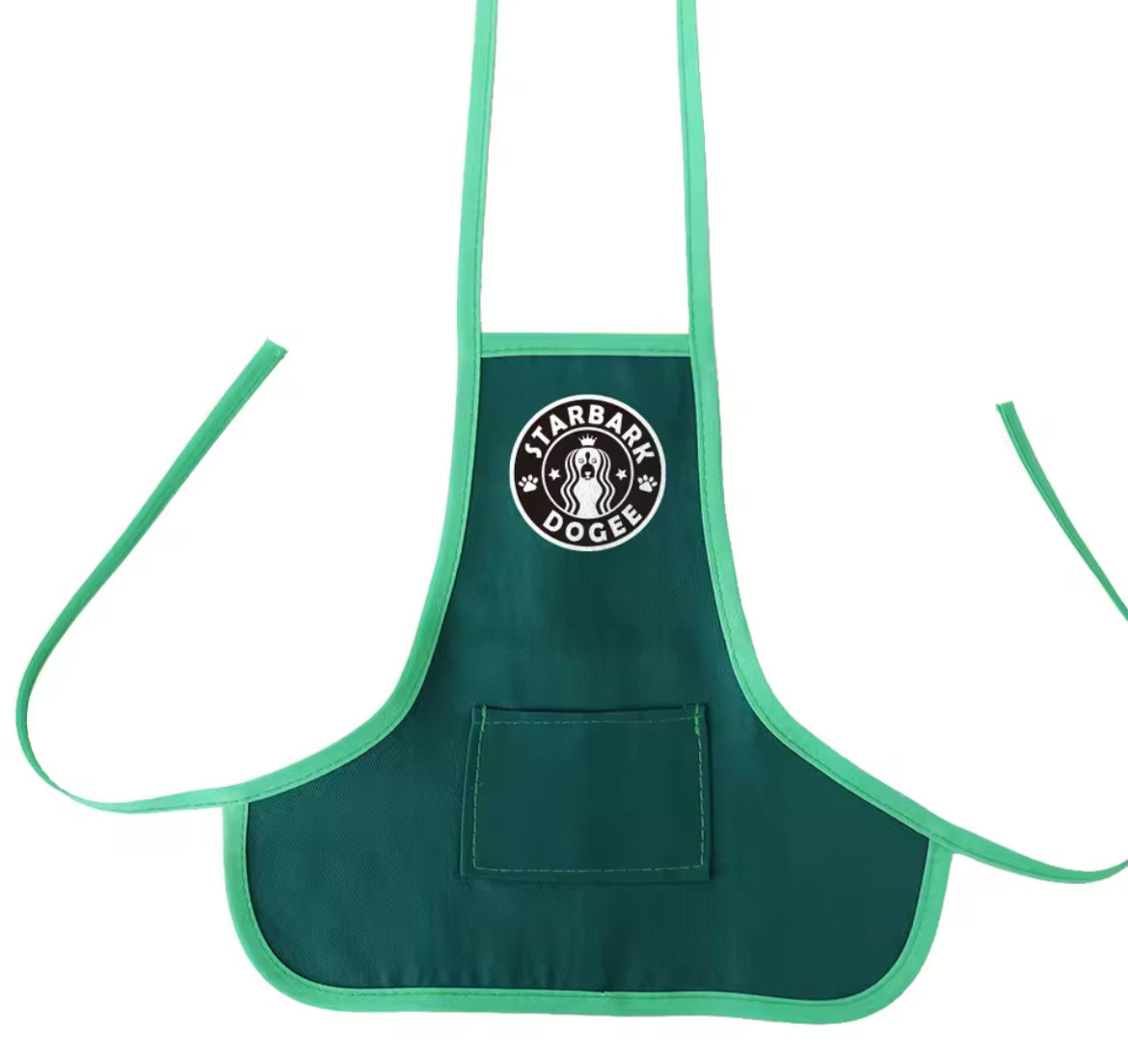 Green apron with a logo on a white background