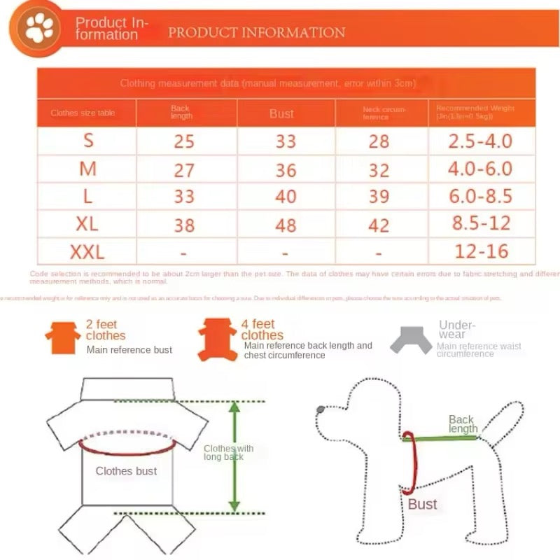Product information chart for clothing measurements with size chart and diagram
