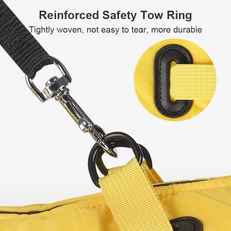 Yellow bag with a reinforced safety tow ring on a white background