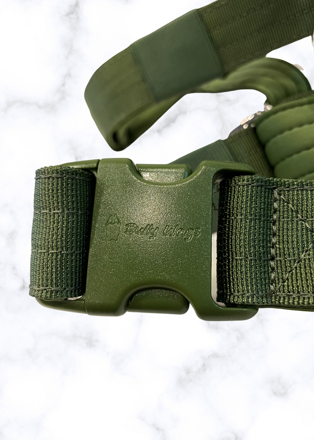 Green dog collar with a visible brand logo on a light gray background