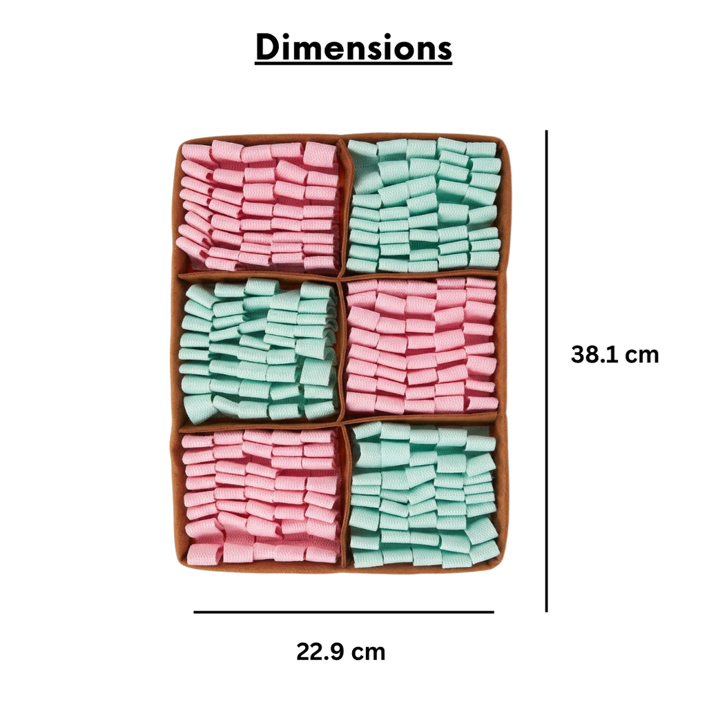 Snuffle mat labeled with dimensions 38.1 cm x 22.9 cm.