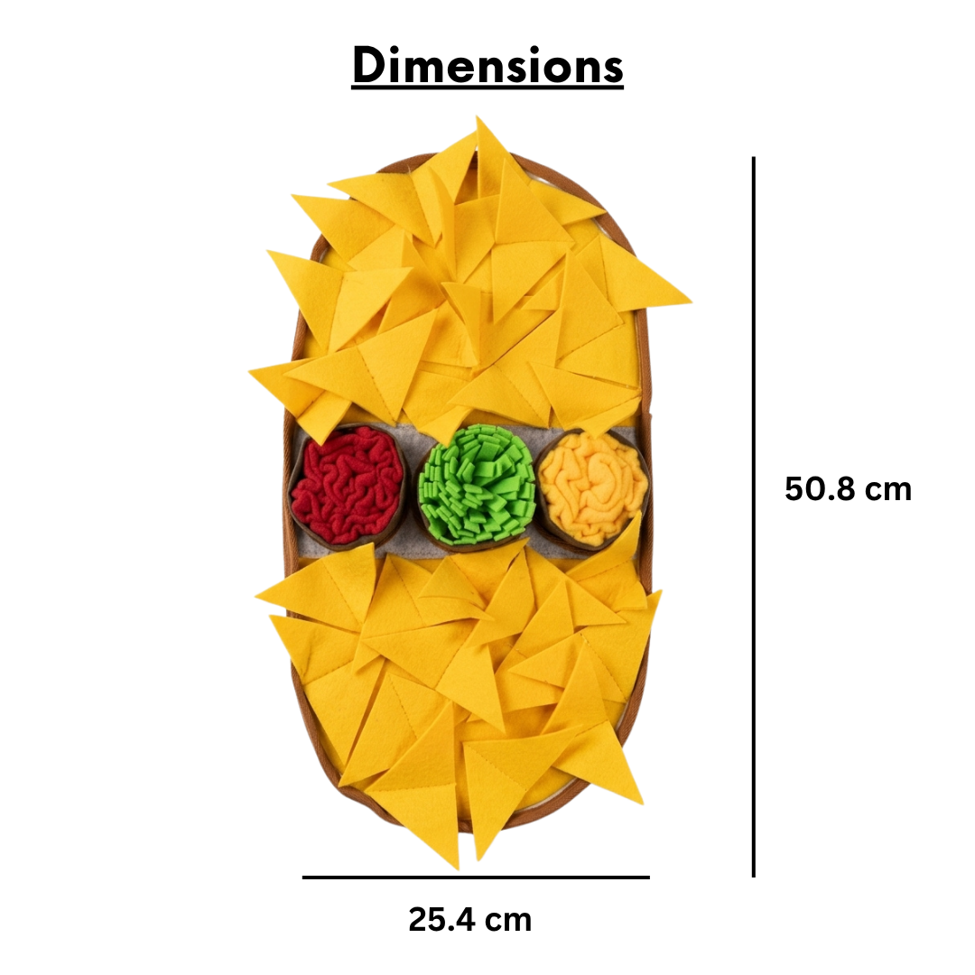 Snuffle mat with yellow tortilla chips and colored centers, labeled with dimensions on a white background.