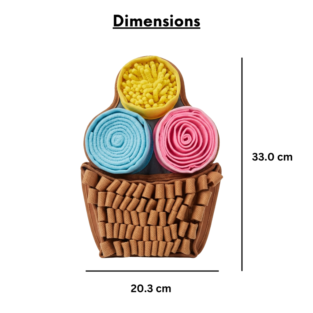 Colorful snuffle mat with dimensions indicated