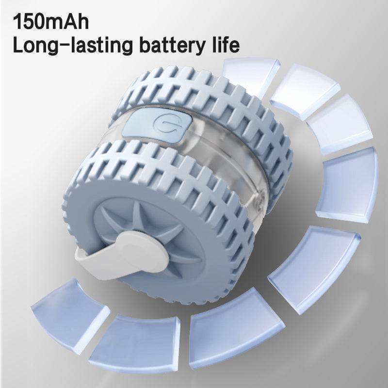 Blue and white cat toy with '150mAh' and 'Long-lasting battery life' text on a gray background