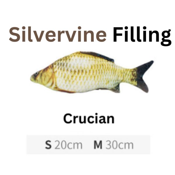 Fish labeled 'Crucian' with size information on a white background