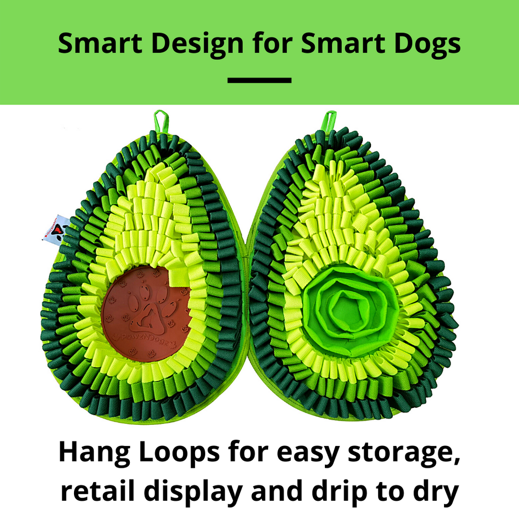 Avocado-shaped dog toy with green and yellow design on a white background