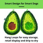 Avocado-shaped dog toy with green and yellow design on a white background
