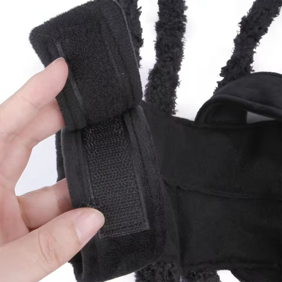 Black pet halloween costume with a hand holding one of the straps against a white background