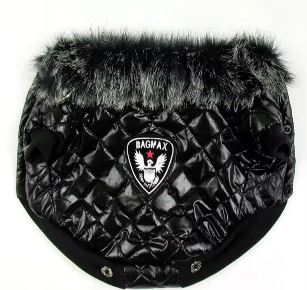 Black quilted dog coat with fur trim on a white background