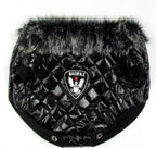 Black quilted dog coat with fur trim on a white background
