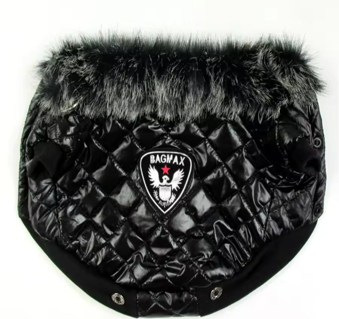Black quilted dog coat with fur trim on a white background