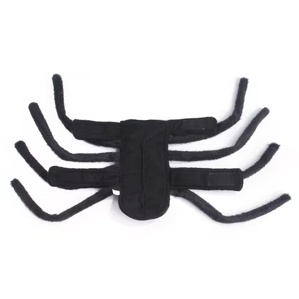 Black spider-shaped pet halloween costume on a white background