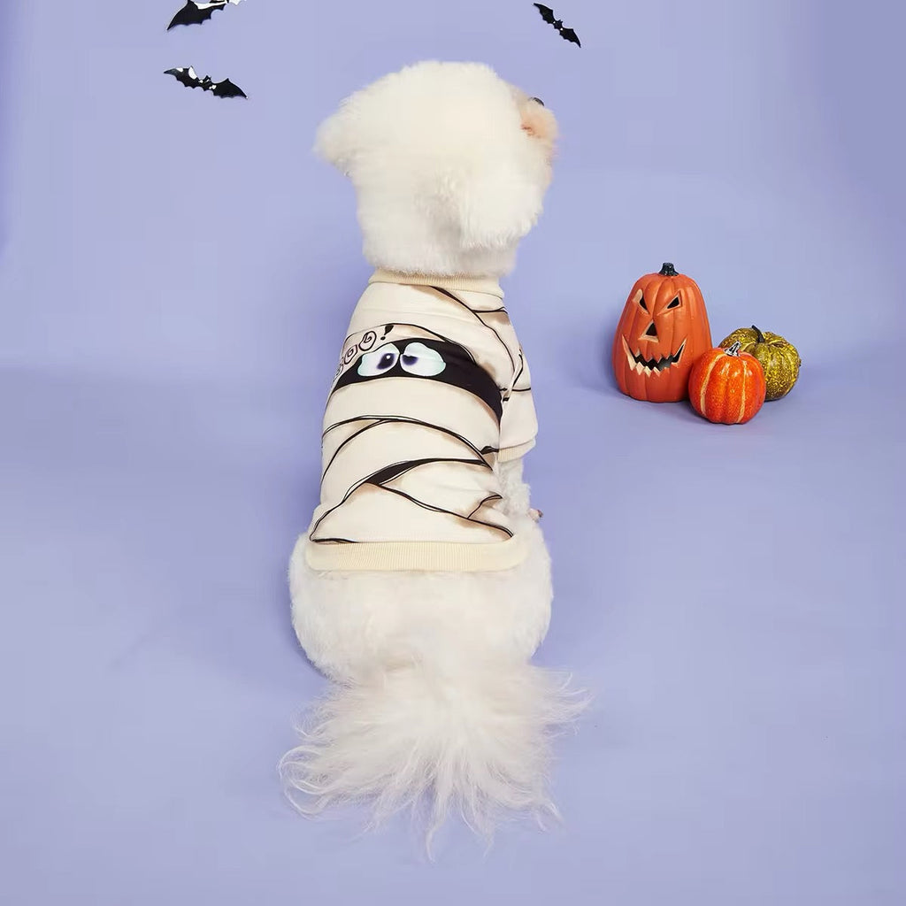 Dog wearing a Halloween mummy costume with pumpkins and bats on a purple background