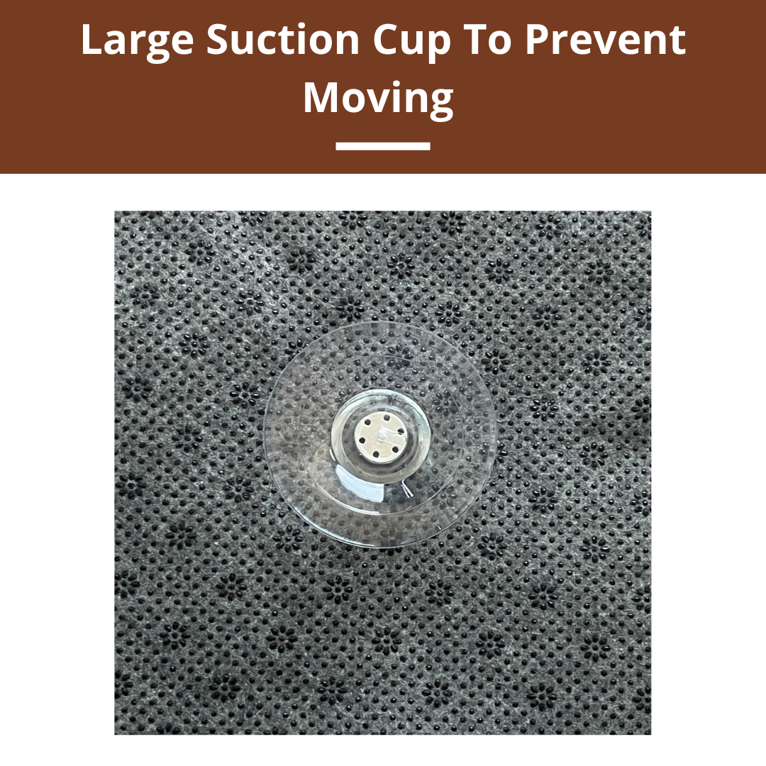Suction cup on a textured surface with text 'Large Suction Cup To Prevent Moving'.